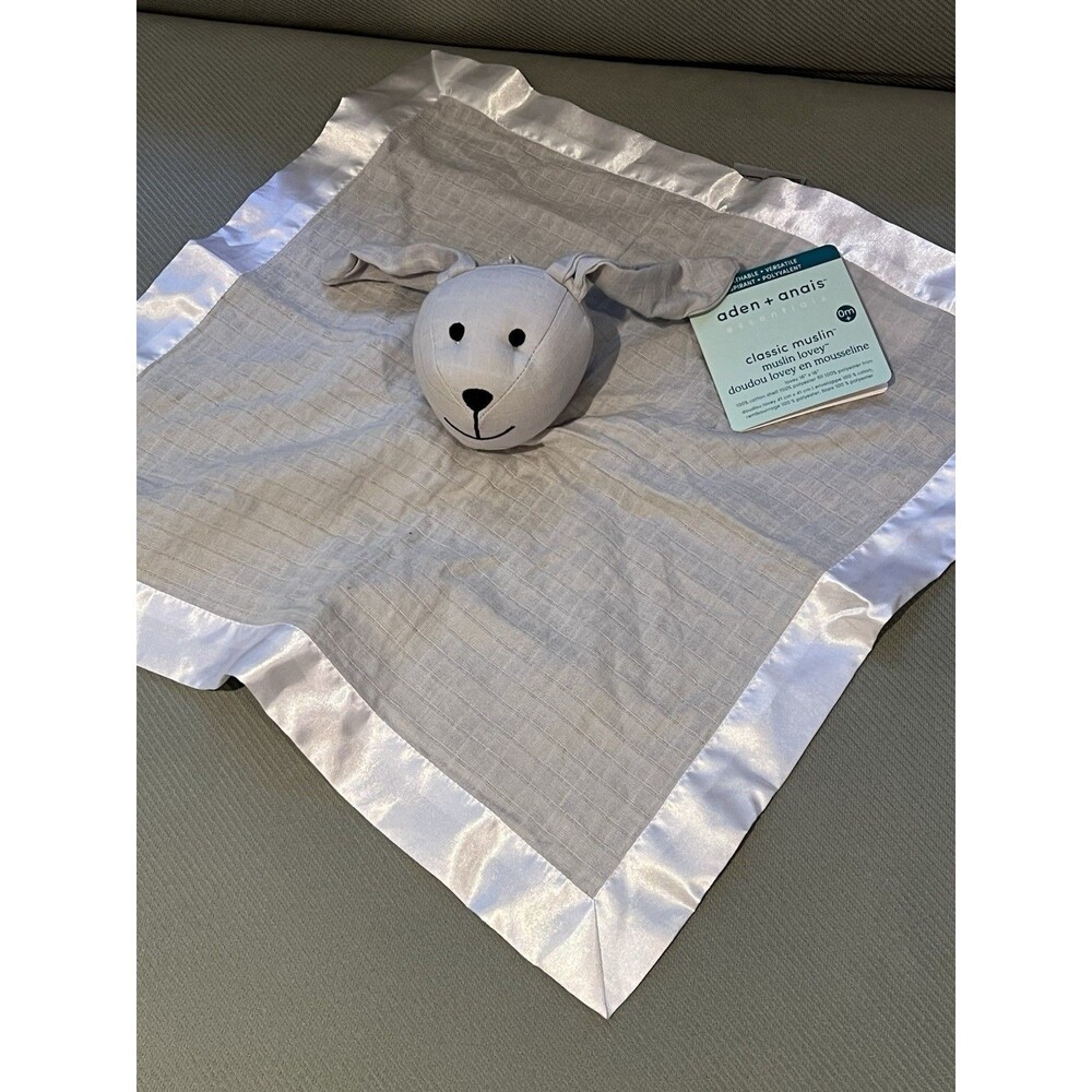 Aden + Anais GRAY BUNNY Rabbit Cotton Muslin Lovey Security Blanket Satin Trim